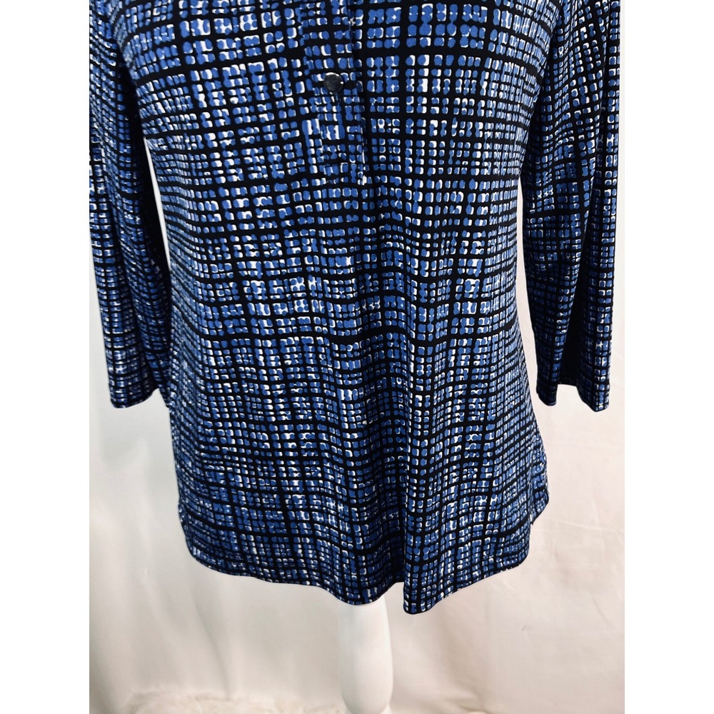 212 Collection Womens Blue Black Geometric Grid 3/4 Sleeve Button Blouse XS - Picture 4 of 10